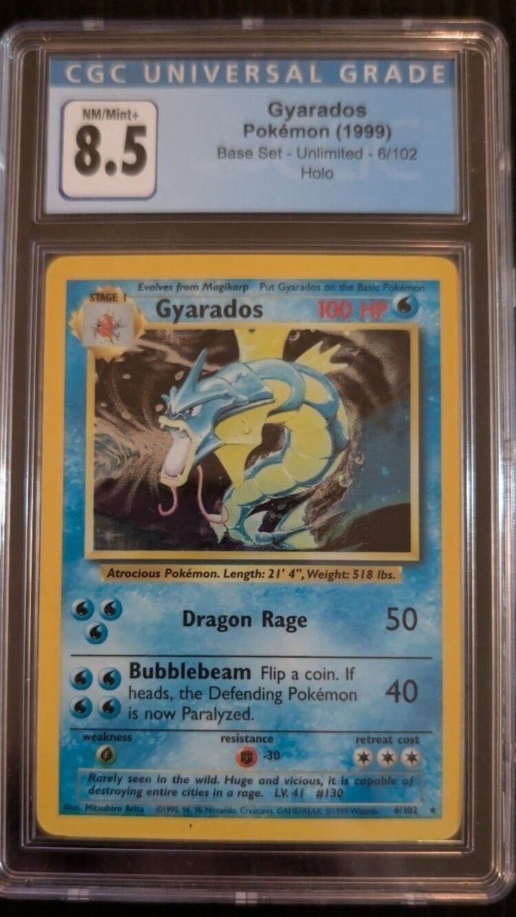 ERROR CARD 8.5 grade – 1999 Pokémon Base Set Unlimited Gyarados Holo #6